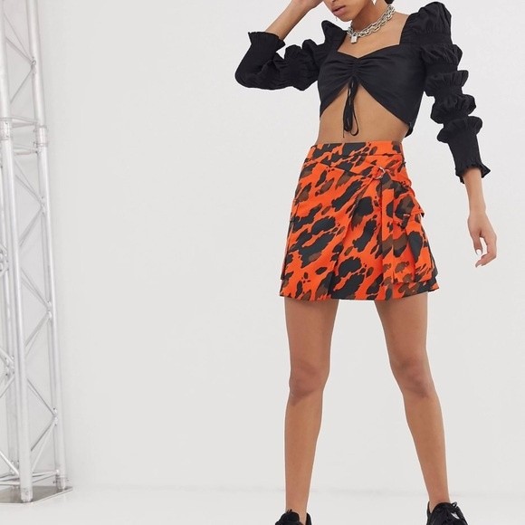 Asos Orange Satin Animal Print Cargo Utility Festival Mini Skirt Size Small 4